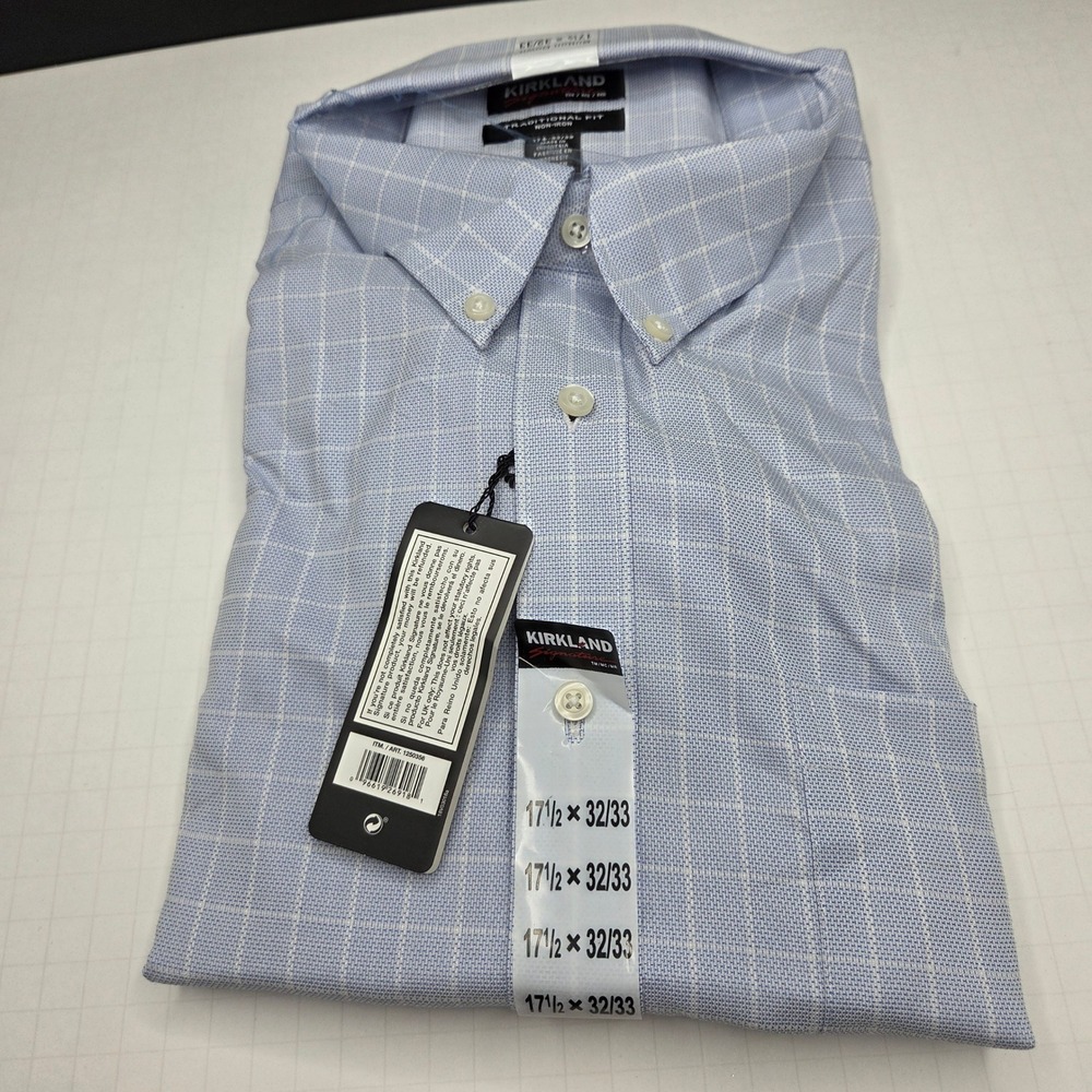 Kirkland Signature Dress Shirt Traditional Fit 17.5 32/33 Blue Check Non-Iron NW